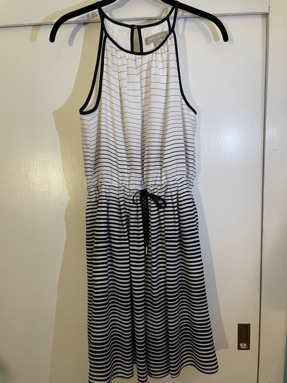 Banana Republic White Sleeveless Striped Dress with Black Trim